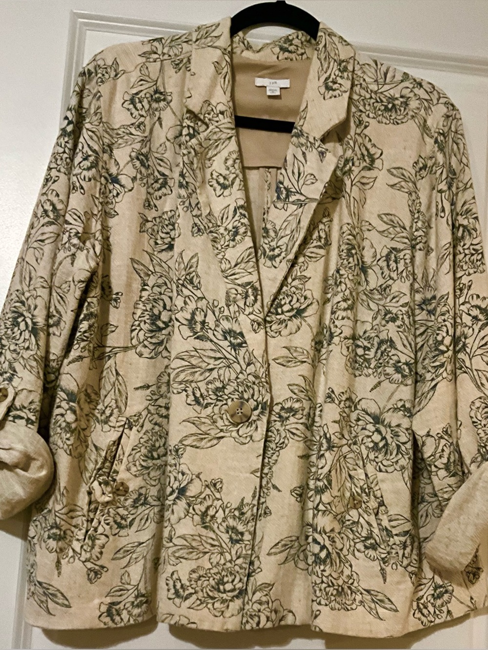 J JIll Green Cream Floral Linen Jacket PXL